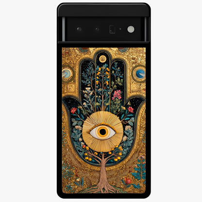 Ethereal Evil Eye Glass Case showing flat back view with mystical evil eye artwork and glossy glass finish.