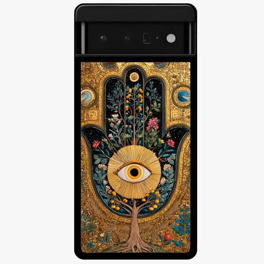 Ethereal Evil Eye Glass Case showing flat back view with mystical evil eye artwork and glossy glass finish.