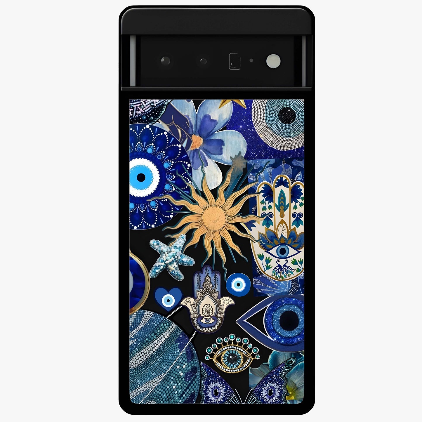 Evil Eye Charm Mix Glass Case showing flat back view with multiple evil eye charms artwork and glossy glass finish.