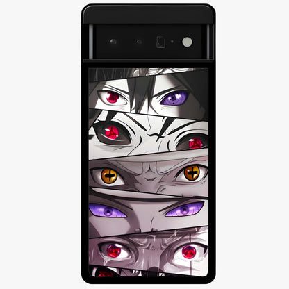 Eyes of Destiny Glass Case showing flat back view with striking eye themed artwork and glossy glass finish.