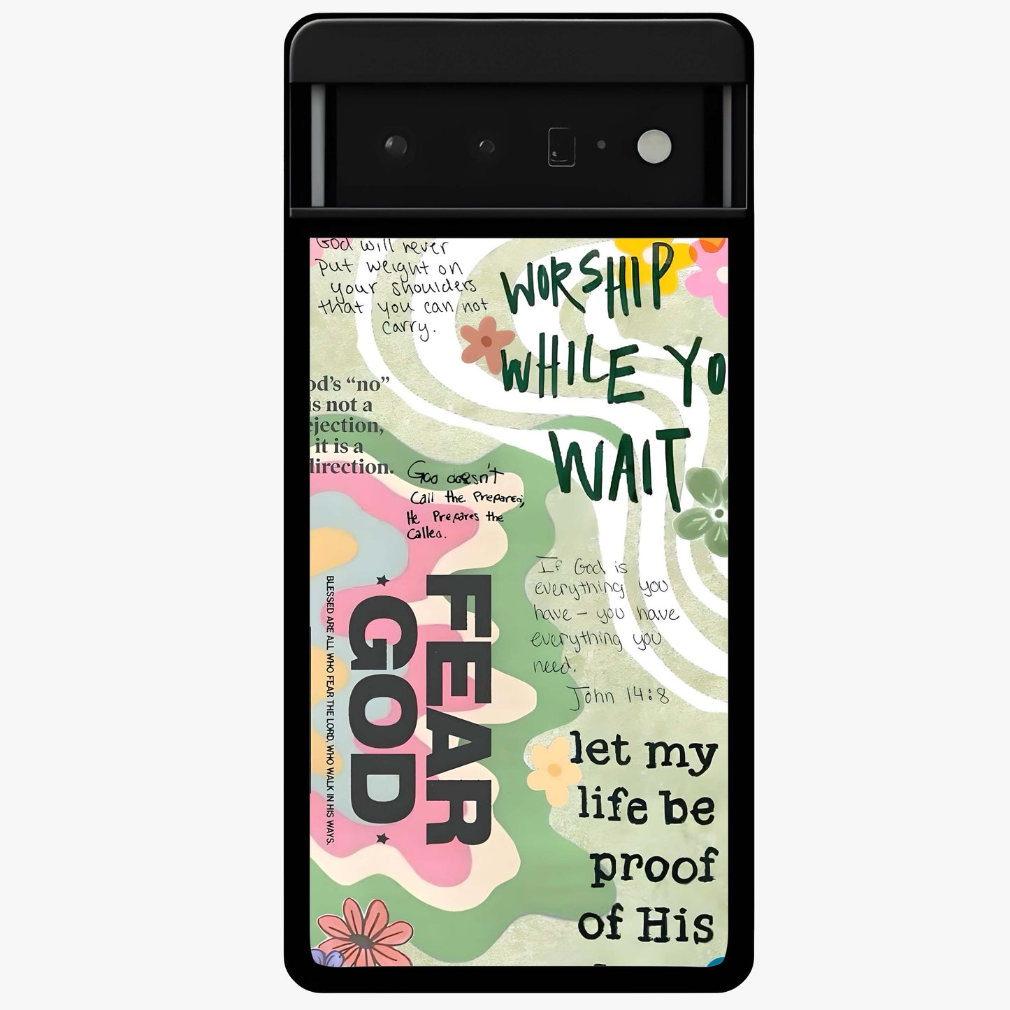 Faith Over Fear Glass Case showing flat back view with motivational typography artwork and glossy glass finish.