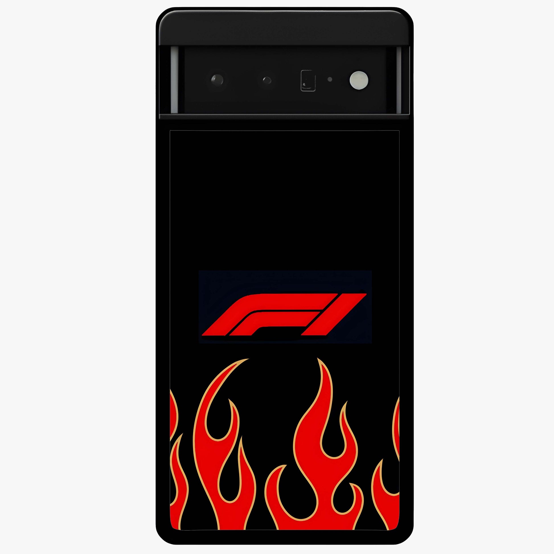 Fire F11 Glass Case showing flat back view with fiery themed artwork and glossy glass finish.