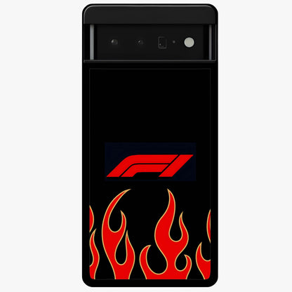 Fire F11 Glass Case showing flat back view with fiery themed artwork and glossy glass finish.