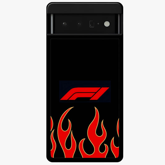 Fire F11 Glass Case showing flat back view with fiery themed artwork and glossy glass finish.