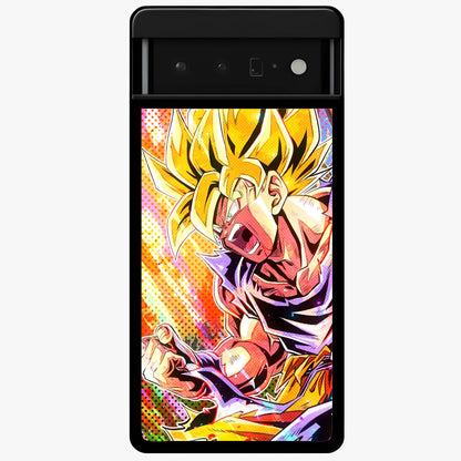 Firing Goku Glass Case showing flat back view with powerful anime inspired artwork and glossy glass finish.