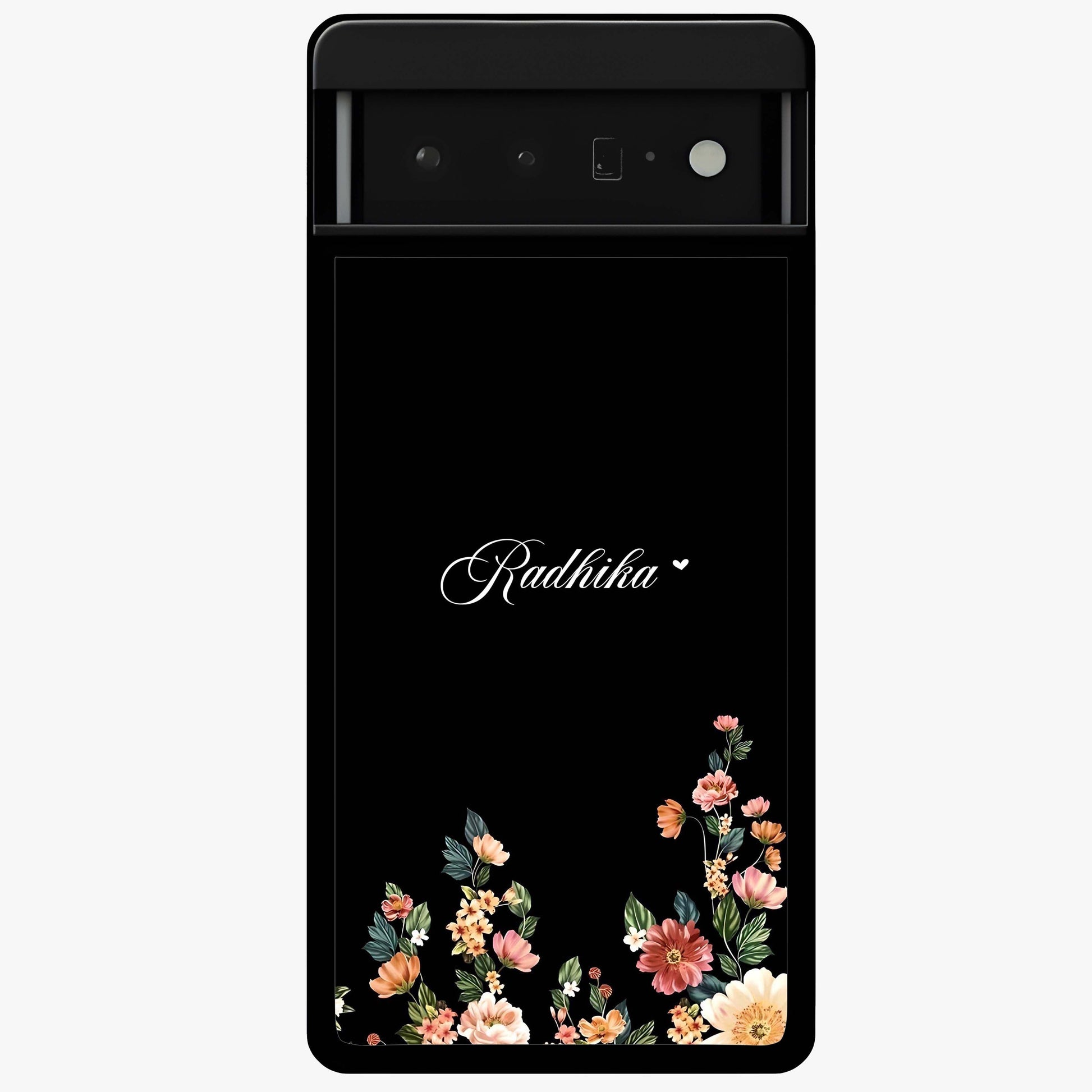 Floral Design With a Custom Personalized Name Glass Case showing flat back view with floral artwork and personalized name design.