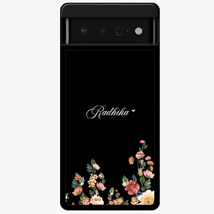 Floral Design With a Custom Personalized Name Glass Case showing flat back view with floral artwork and personalized name design.