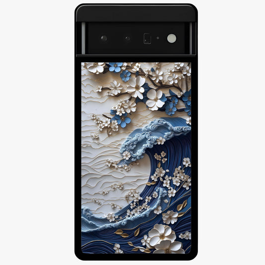 Floral Wave Origami Glass Case showing flat back view with origami inspired floral wave artwork and glossy glass finish.