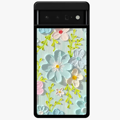 Frosted Petal Garden Glass Case showing flat back view with soft frosted floral artwork and glossy glass finish.