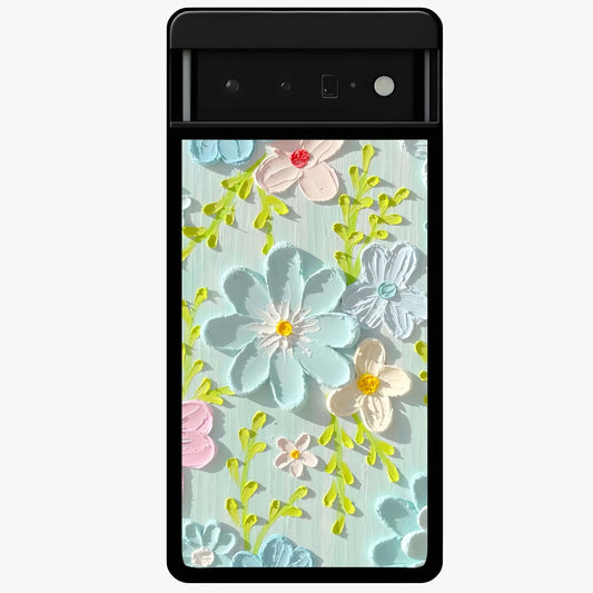 Frosted Petal Garden Glass Case showing flat back view with soft frosted floral artwork and glossy glass finish.
