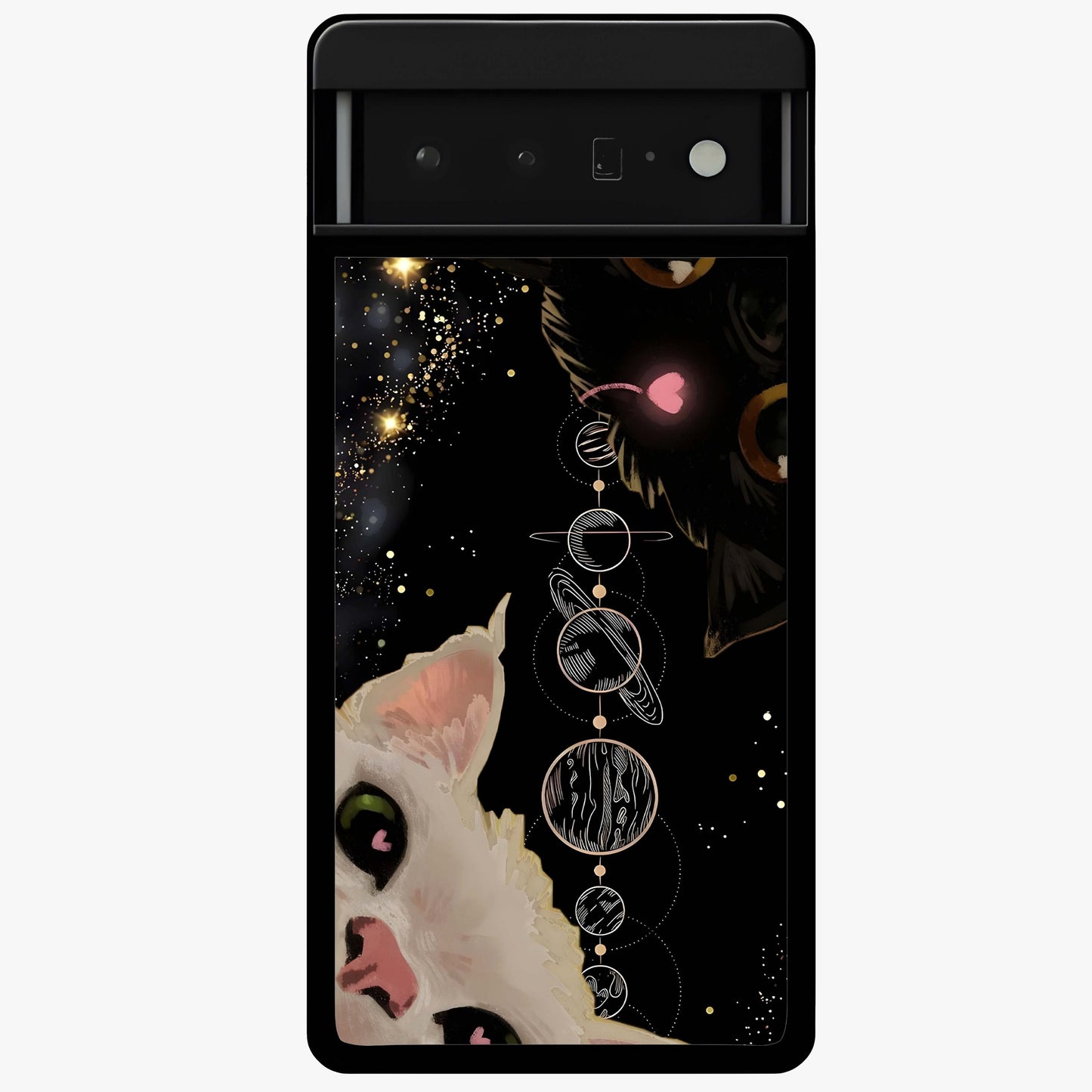 Galactic Cat Glass Case showing flat back view with cosmic cat artwork and glossy glass finish.