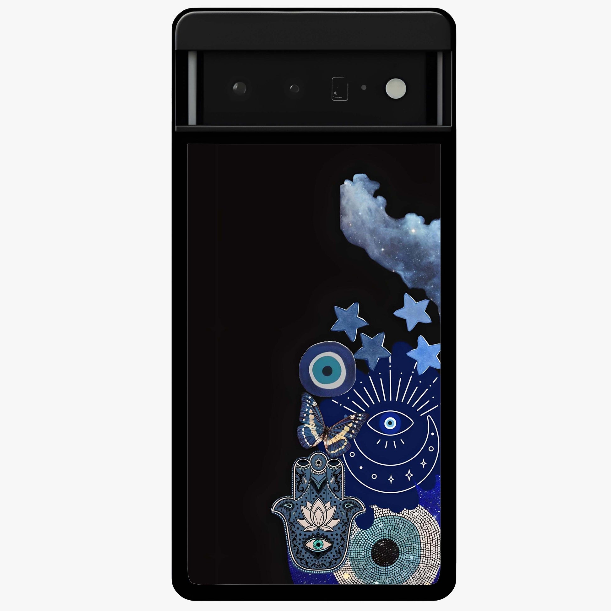 Galactic Charm Cluster Glass Case showing flat back view with glowing celestial charm artwork and glossy glass finish.