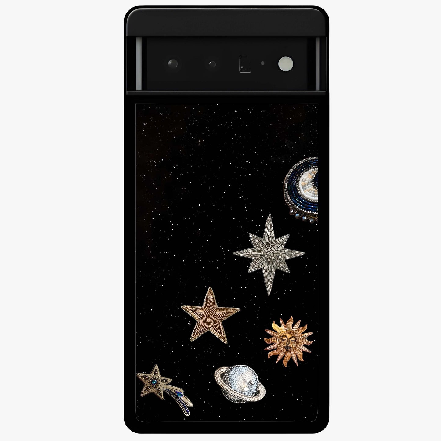 Galactic Charm Glow Glass Case showing flat back view with glowing celestial charm artwork and glossy glass finish.