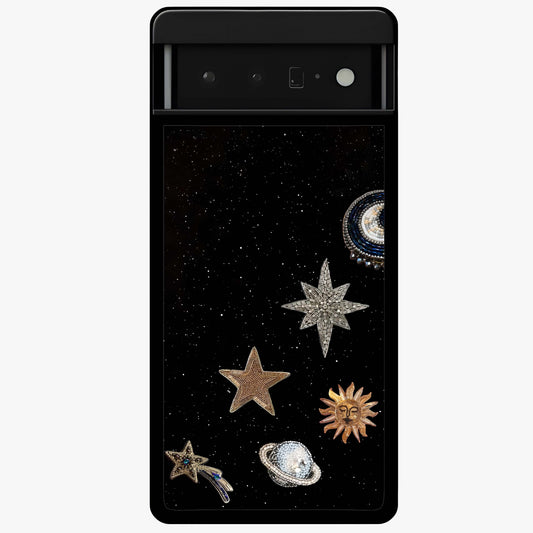 Galactic Charm Glow Glass Case showing flat back view with glowing celestial charm artwork and glossy glass finish.
