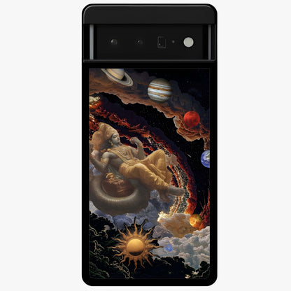 Galactic Divine God Glass Case showing flat back view with divine cosmic themed artwork and glossy glass finish.