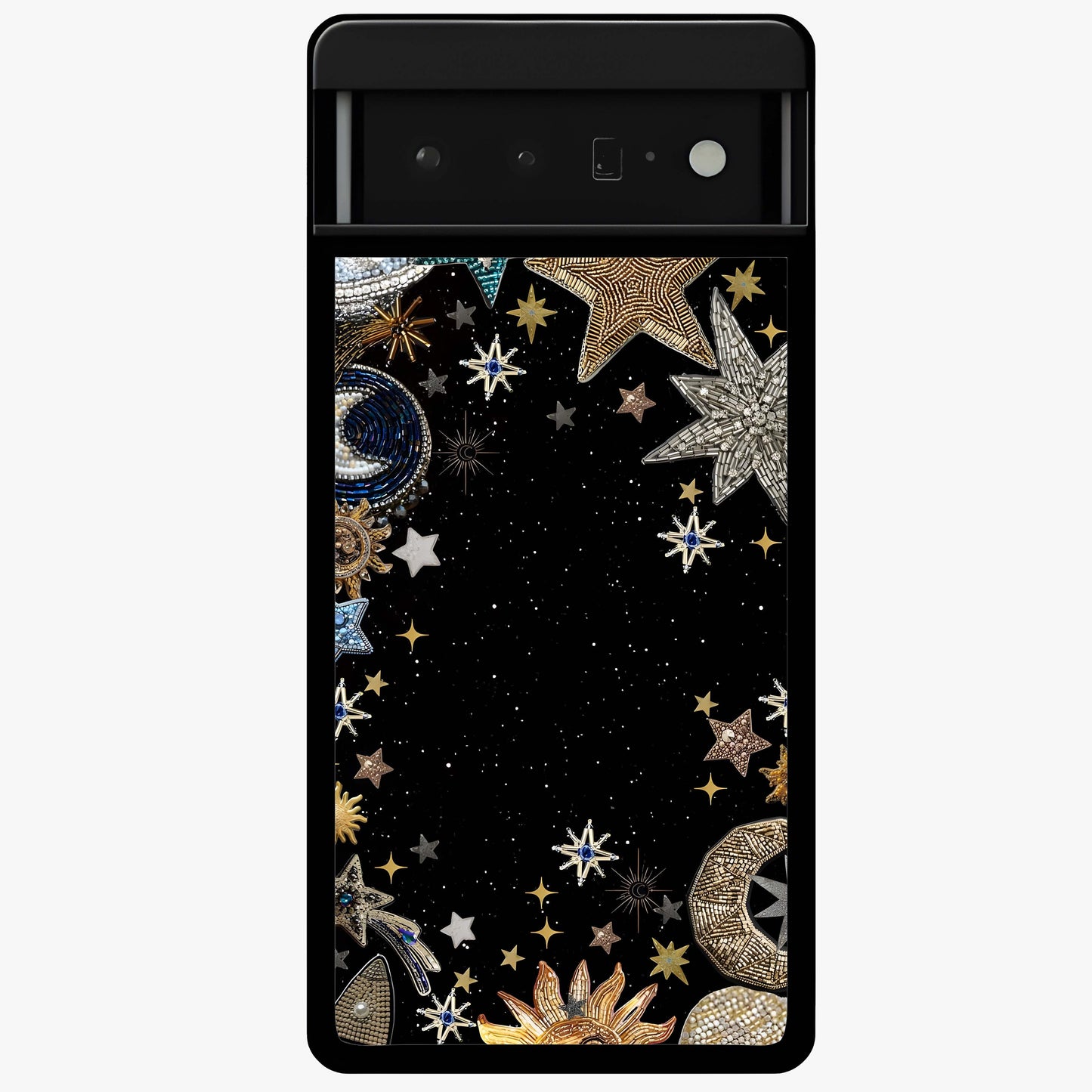 Galactic Jewel Stars Glass Case showing flat back view with sparkling star jewel artwork and glossy glass finish.