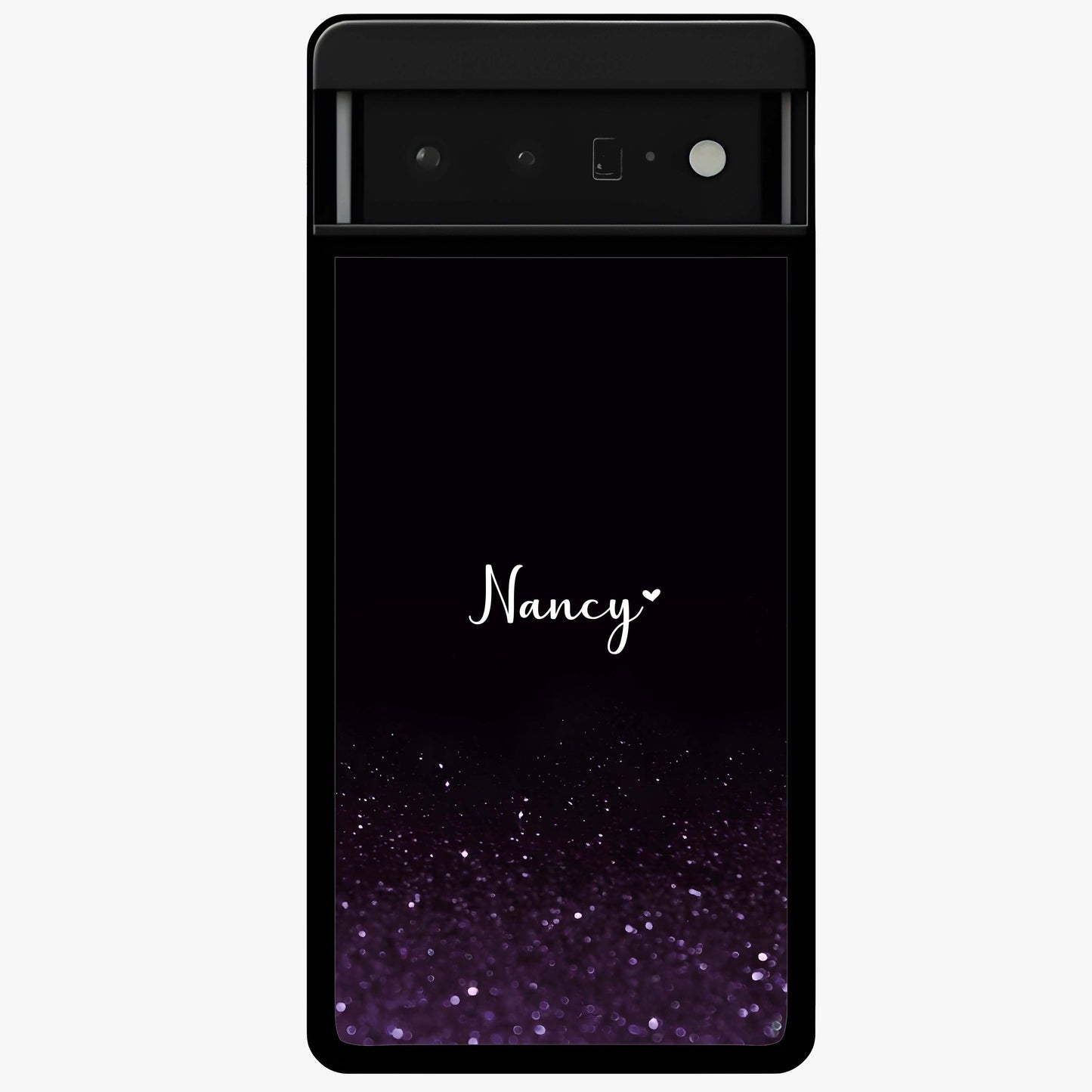 Glittery Purple Bokeh Custom Name Glass Case showing flat back view with purple bokeh sparkle artwork and personalized name design.