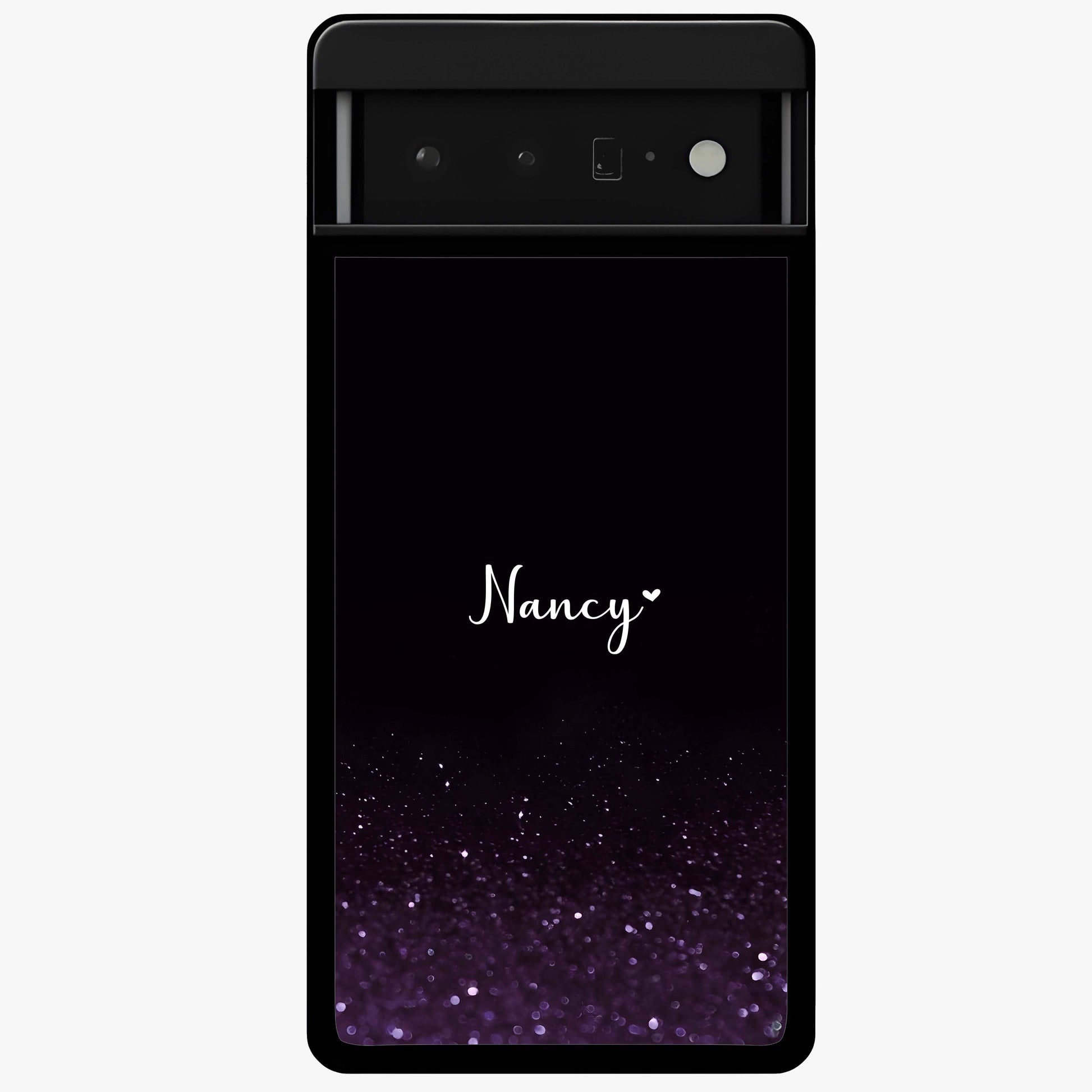 Glittery Purple Bokeh Custom Name Glass Case showing flat back view with purple bokeh sparkle artwork and personalized name design.