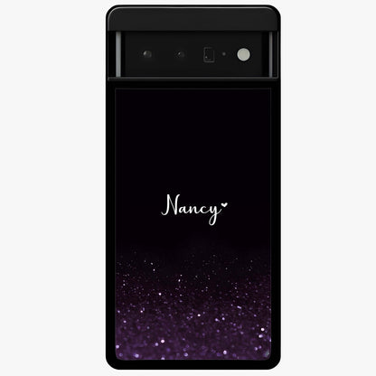 Glittery Purple Bokeh Custom Name Glass Case showing flat back view with purple bokeh sparkle artwork and personalized name design.