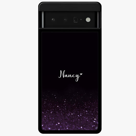Glittery Purple Bokeh Custom Name Glass Case showing flat back view with purple bokeh sparkle artwork and personalized name design.