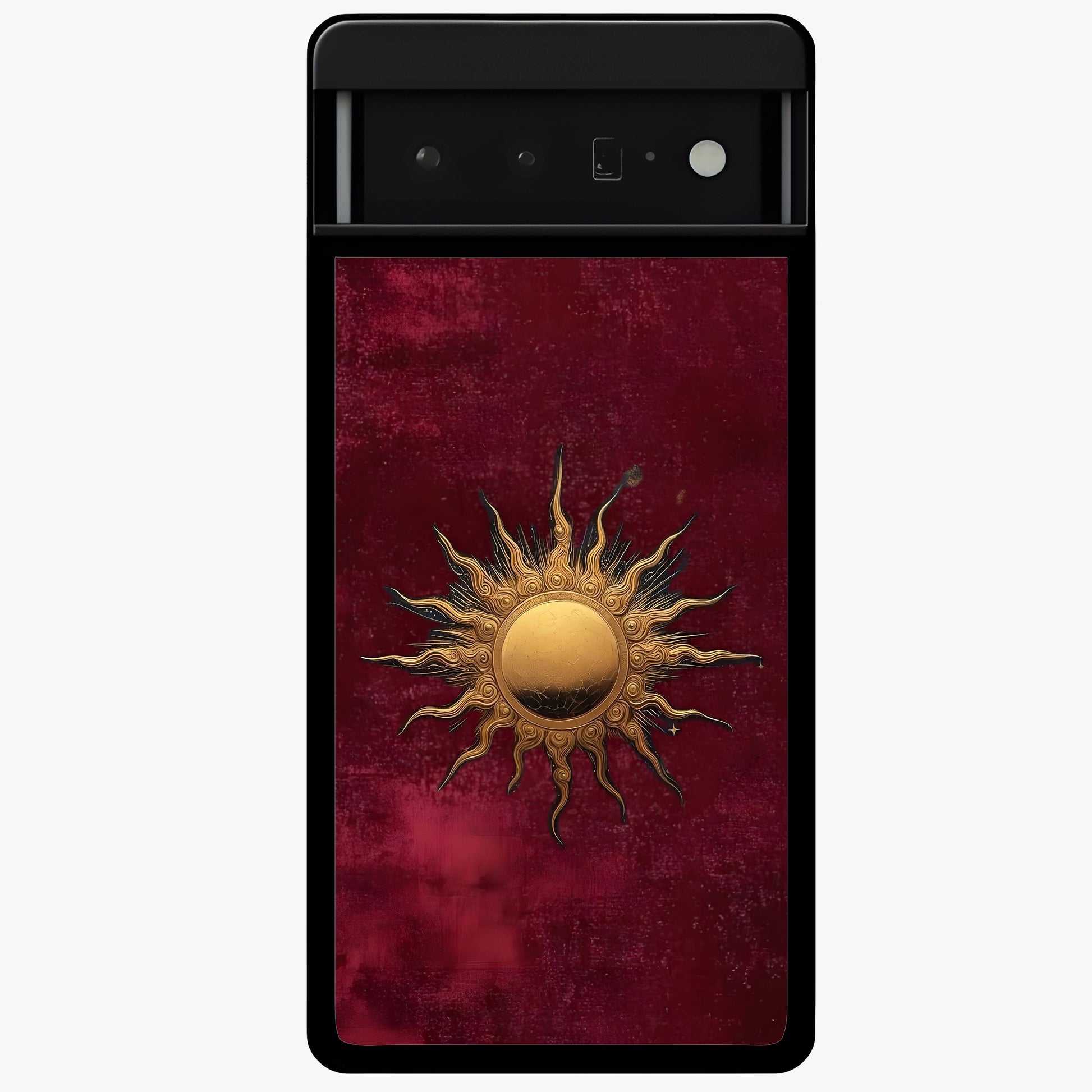 Golden Celestial Charm Glass Case showing flat back view with golden celestial charm artwork and glossy glass finish.