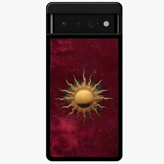 Golden Celestial Charm Glass Case showing flat back view with golden celestial charm artwork and glossy glass finish.
