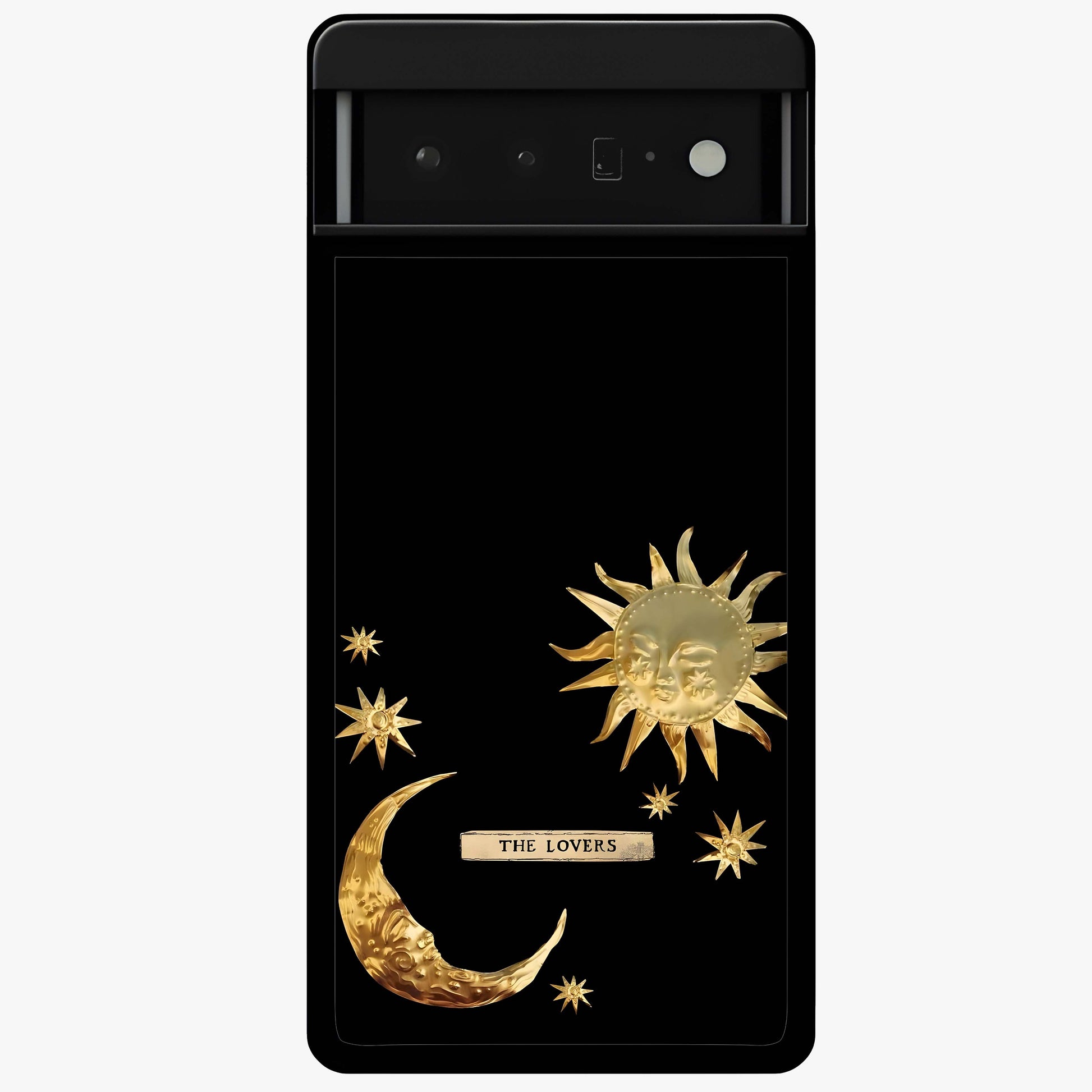 Gold Sun Blush Glass Case showing flat back view with golden sun inspired artwork and glossy glass finish.
