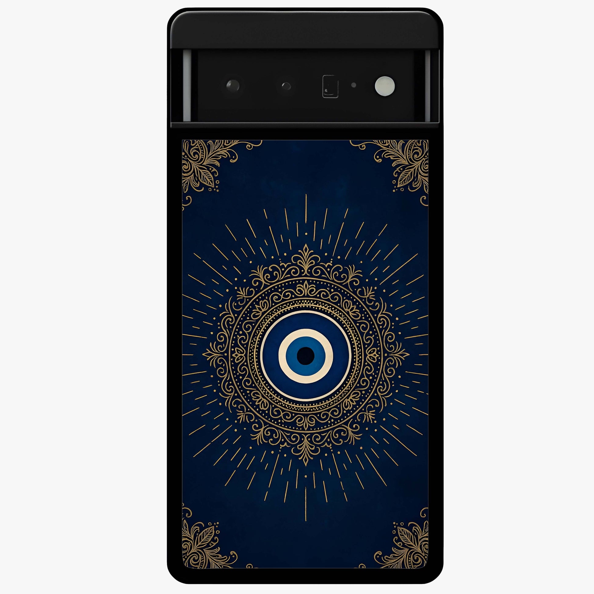 Golden Evil Eye Mandala Glass Case showing flat back view with intricate evil eye mandala artwork and glossy glass finish.