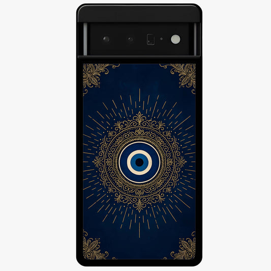 Golden Evil Eye Mandala Glass Case showing flat back view with intricate evil eye mandala artwork and glossy glass finish.