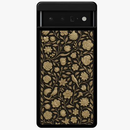 Golden Floral Majesty Glass Case showing flat back view with luxurious golden floral artwork and glossy glass finish.