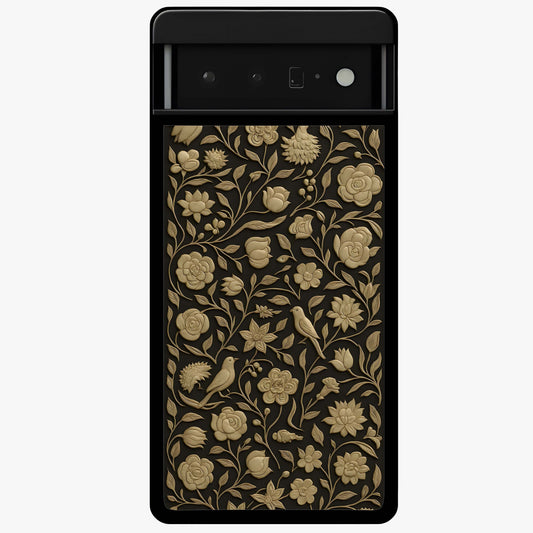 Golden Floral Majesty Glass Case showing flat back view with luxurious golden floral artwork and glossy glass finish.