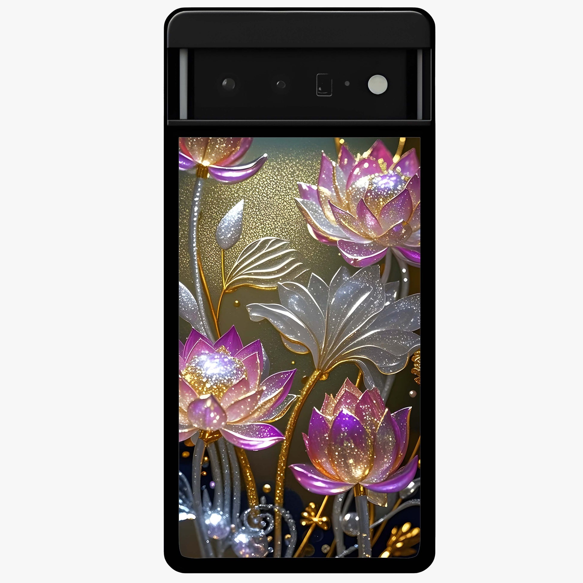 Golden Lotus Glow Glass Case showing flat back view with glowing lotus flower artwork and glossy glass finish.