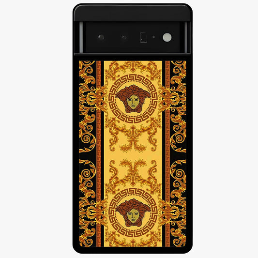 Golden Royal Heritage Glass Case showing flat back view with ornate royal pattern artwork and glossy glass finish.