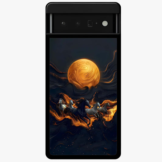 Golden Stallion Moonride Glass Case showing flat back view with majestic horse under moonlight artwork and glossy glass finish.