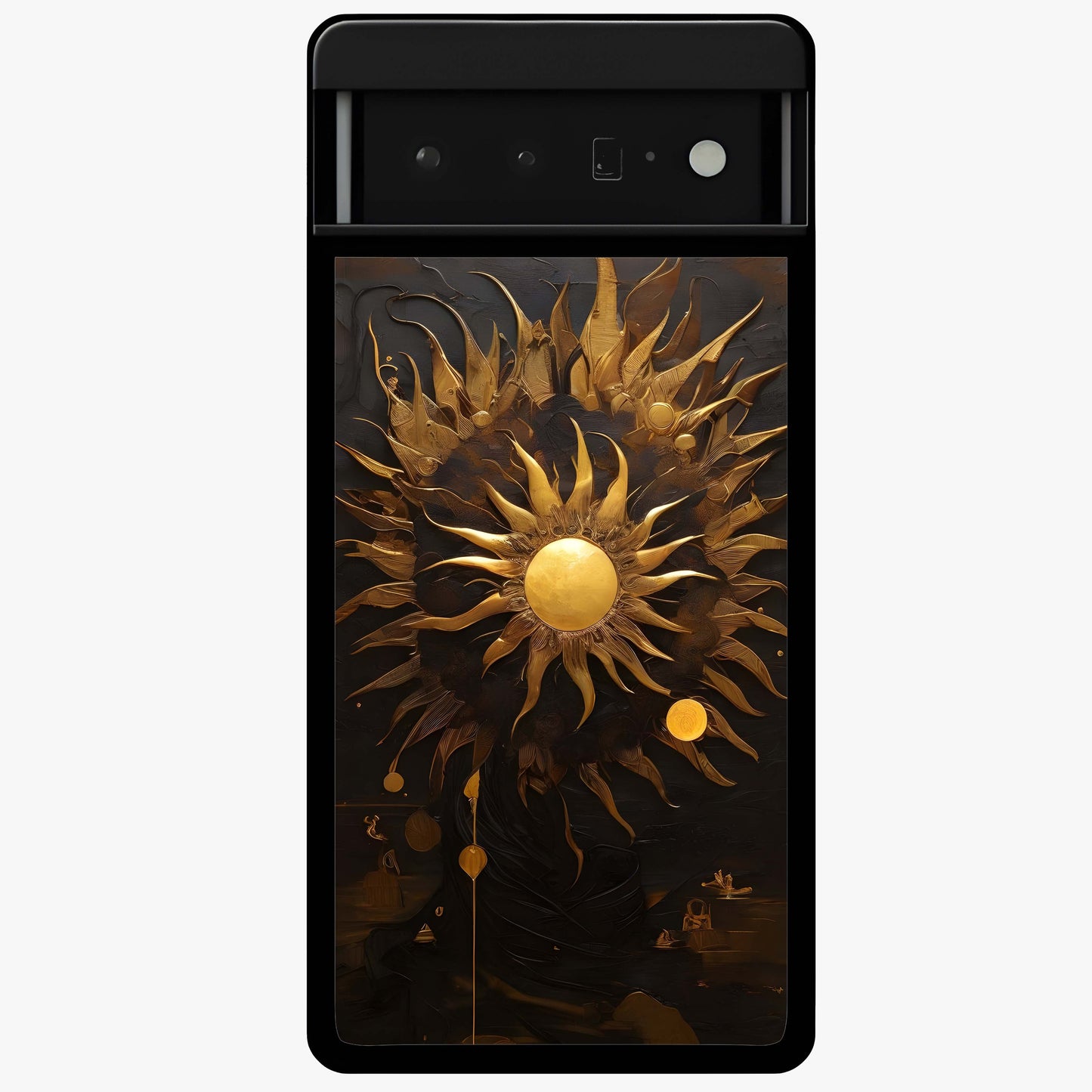 Golden Sun Majesty Glass Case showing flat back view with radiant golden sun artwork and glossy glass finish.