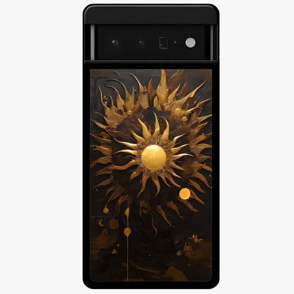 Golden Sun Majesty Glass Case showing flat back view with radiant golden sun artwork and glossy glass finish.