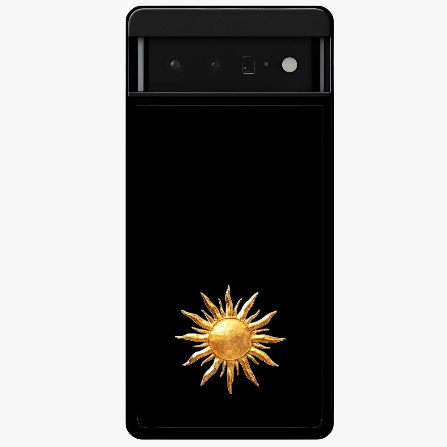 Golden Sun Minimalism Glass Case showing flat back view with minimal golden sun artwork and glossy glass finish.