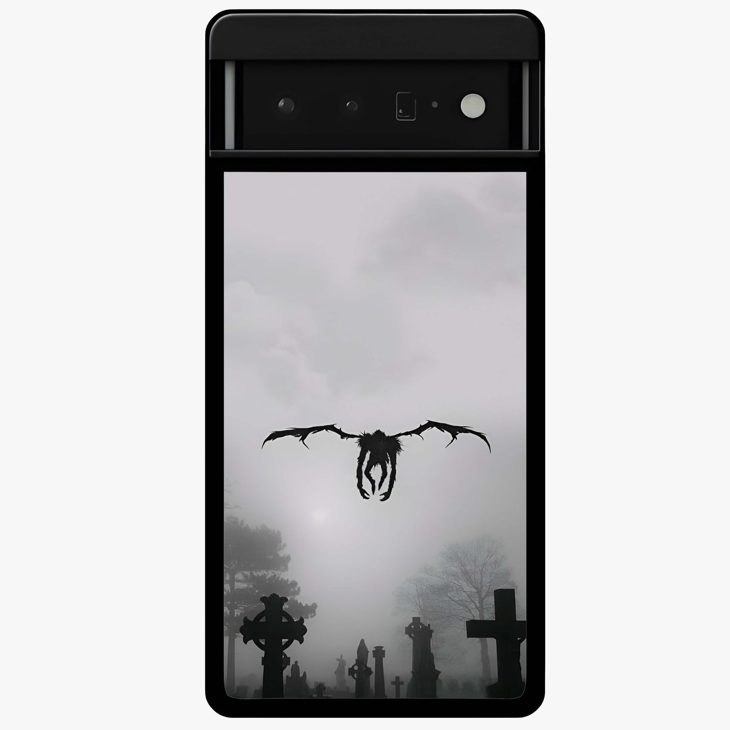 Graveyard Shadow Descent Glass Case showing flat back view with dark graveyard themed artwork and glossy glass finish.