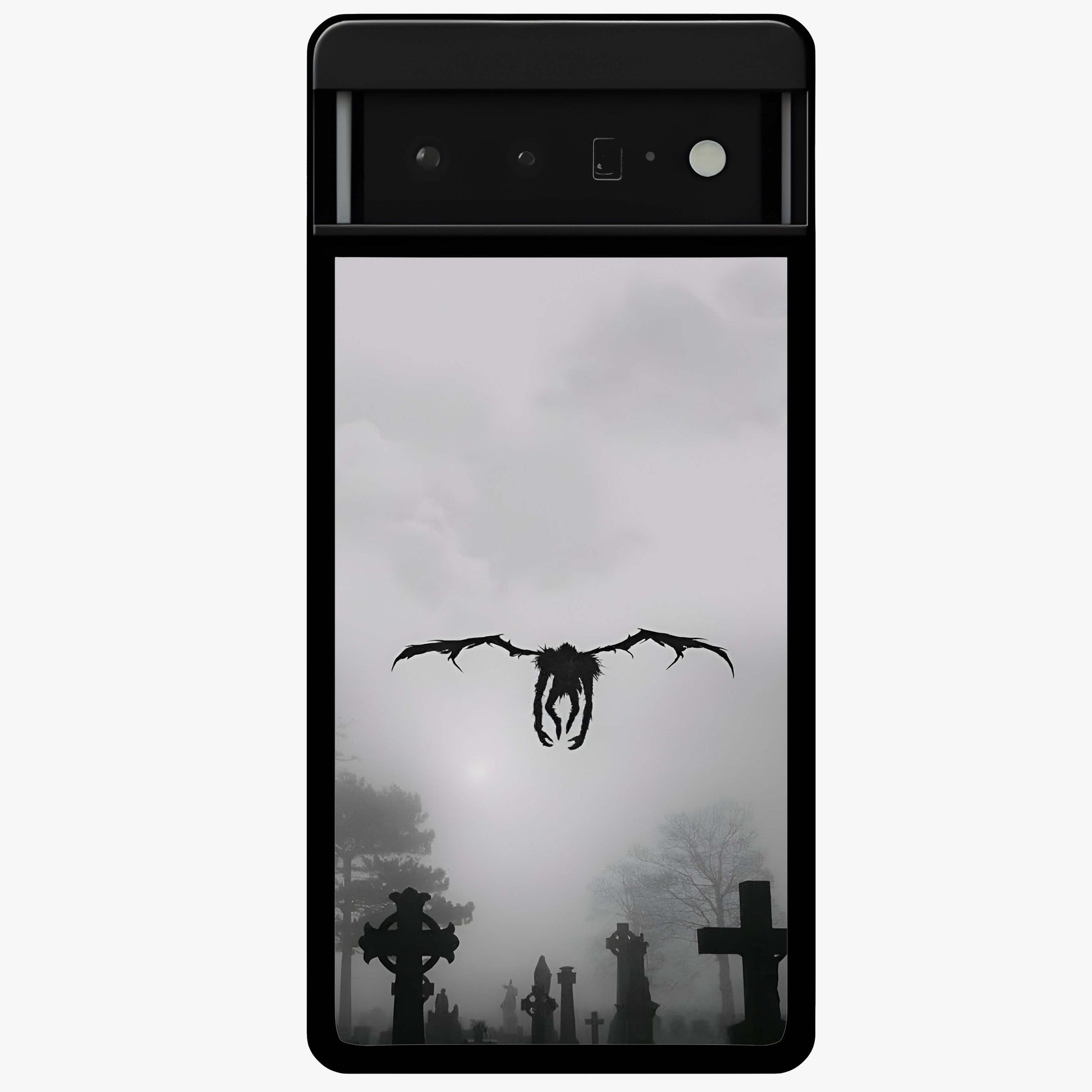 Graveyard Shadow Descent Glass Case showing flat back view with dark graveyard themed artwork and glossy glass finish.
