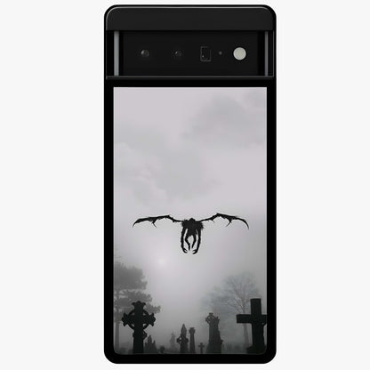 Graveyard Shadow Descent Glass Case showing flat back view with dark graveyard themed artwork and glossy glass finish.