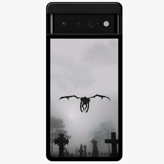 Graveyard Shadow Descent Glass Case showing flat back view with dark graveyard themed artwork and glossy glass finish.