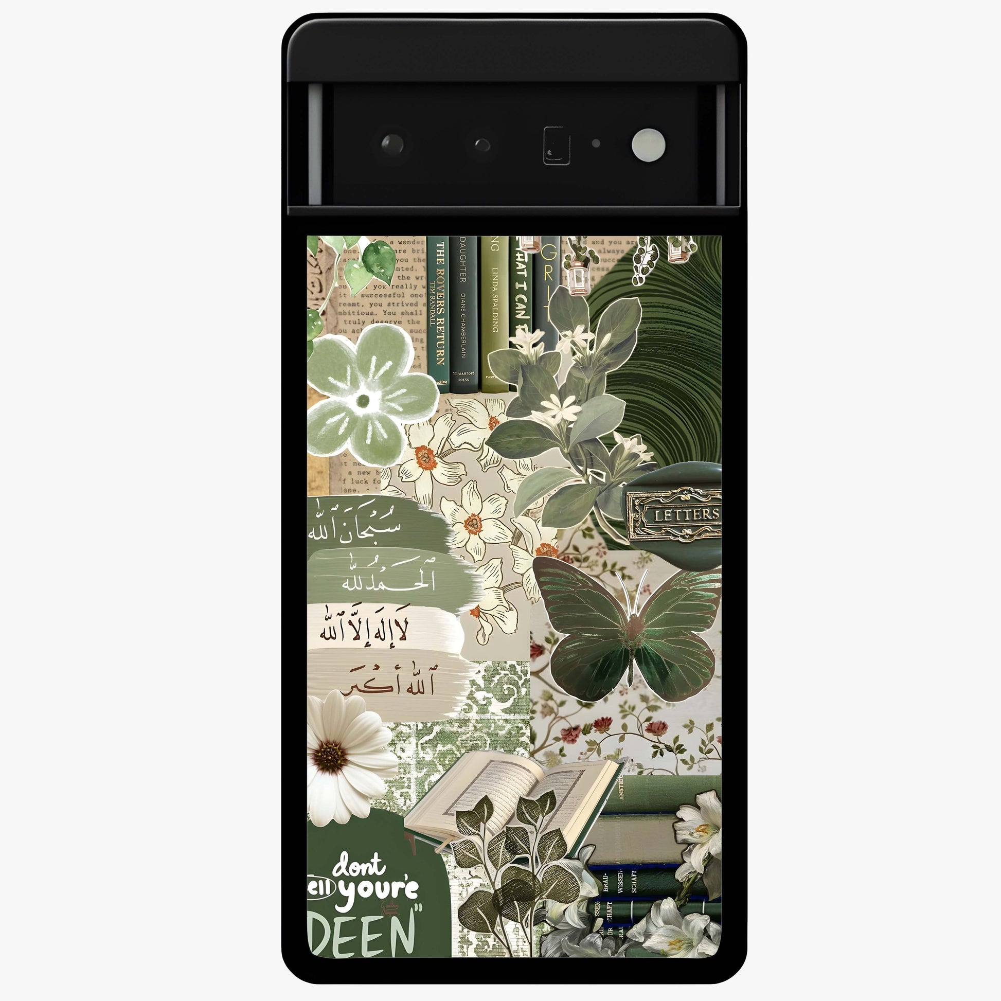 Green Islamic Books Quotes Glass Case showing flat back view with Islamic quotes and book themed artwork and glossy glass finish.