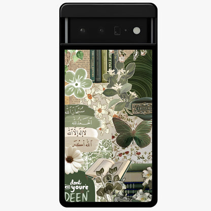 Green Islamic Books Quotes Glass Case showing flat back view with Islamic quotes and book themed artwork and glossy glass finish.