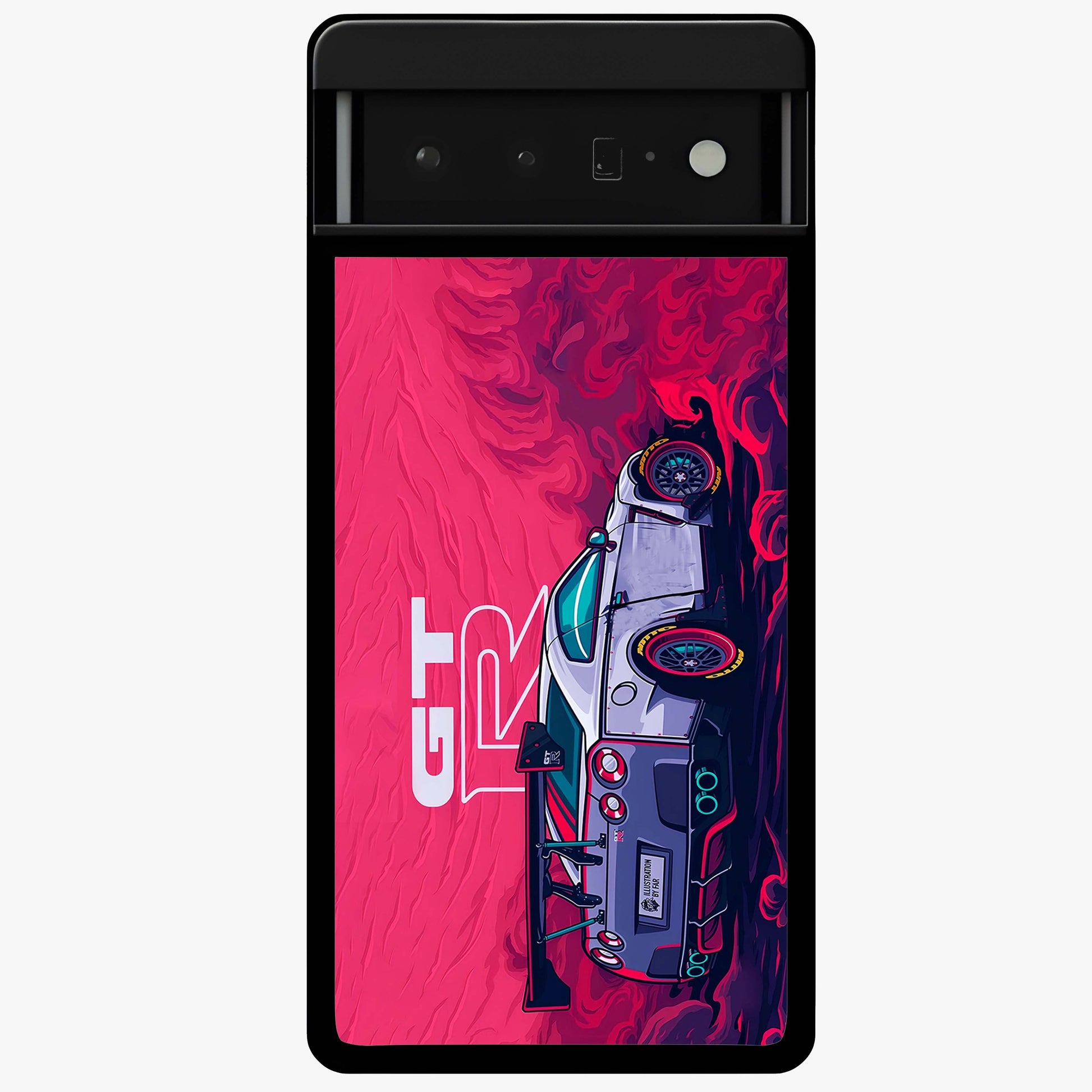 GT-R Car Pattern Glass Case showing flat back view with sporty car inspired pattern artwork and glossy glass finish.