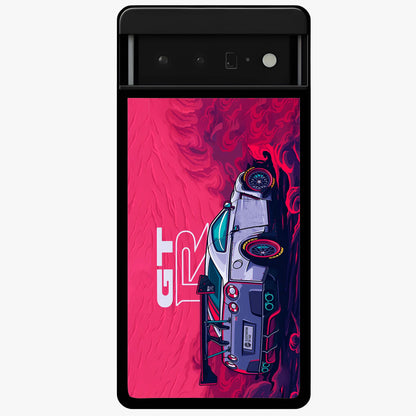GT-R Car Pattern Glass Case showing flat back view with sporty car inspired pattern artwork and glossy glass finish.