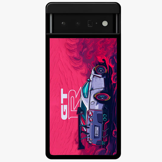 GT-R Car Pattern Glass Case showing flat back view with sporty car inspired pattern artwork and glossy glass finish.
