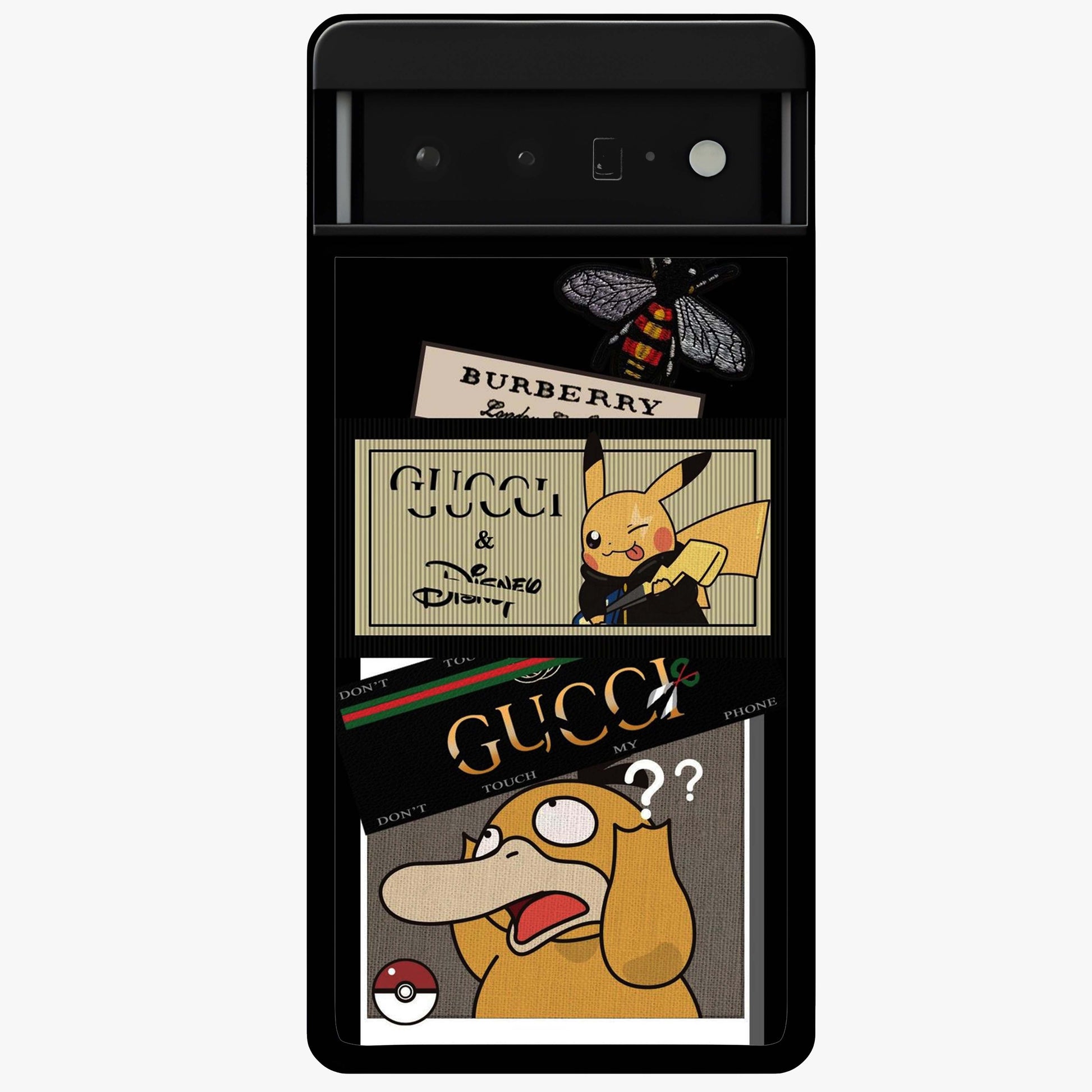 Gucci Play Mashup Glass Case showing flat back view with luxury inspired graphic artwork and glossy glass finish.