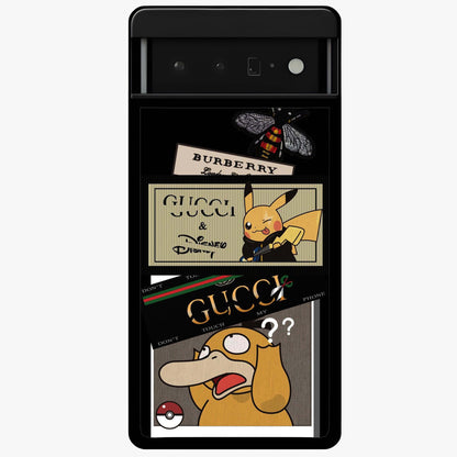 Gucci Play Mashup Glass Case showing flat back view with luxury inspired graphic artwork and glossy glass finish.
