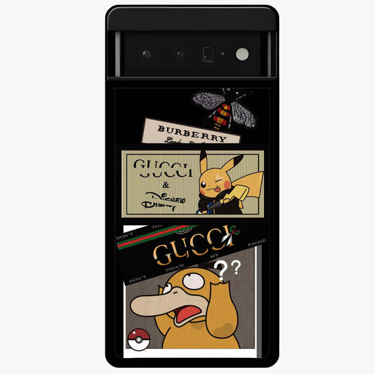 Gucci Play Mashup Glass Case showing flat back view with luxury inspired graphic artwork and glossy glass finish.