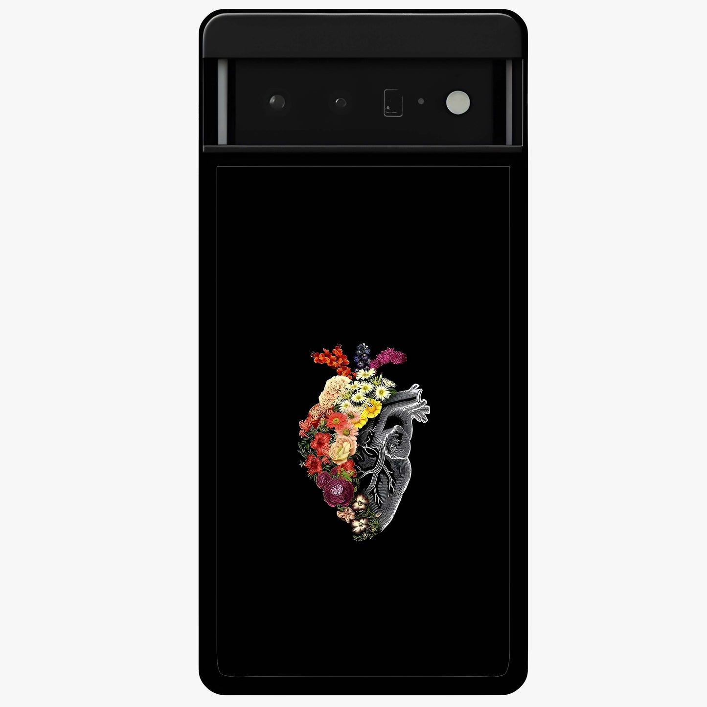 Heart With Flowers Glass Case showing flat back view with heart shaped floral artwork and glossy glass finish.